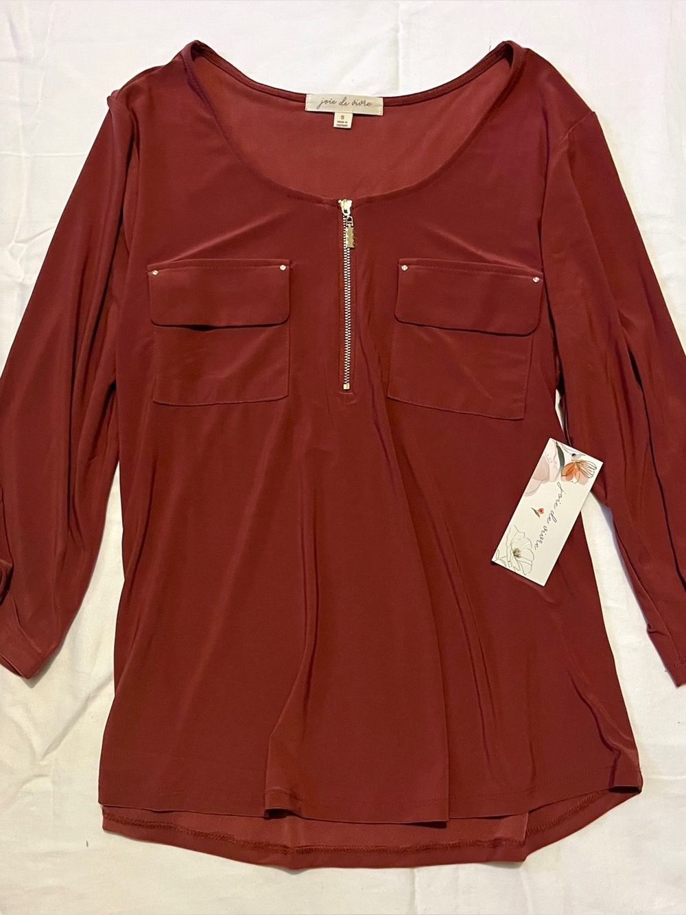 Joie de Vivre Orange Rust Zip Front Utility Blouse Roll Tab Sleeve - Size S